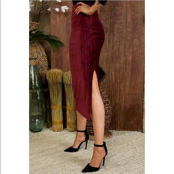 Side Slit Stripe Print Soft Velvet Corduroy Midi Skirt - Picture 4 of 8